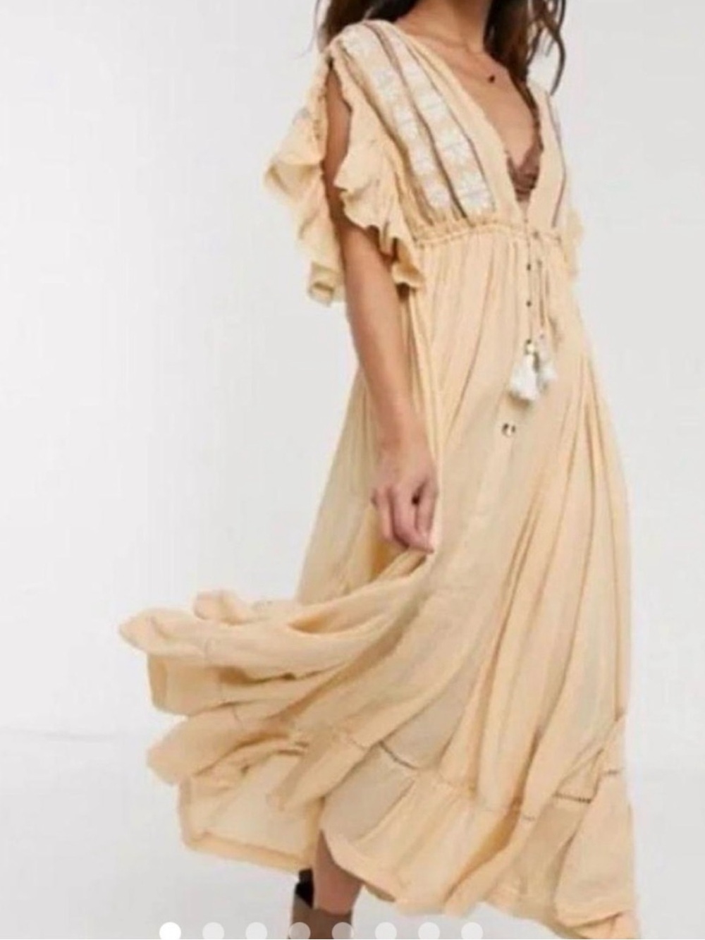 Free People beige boho folklore era peasant dress embroidered ruffle sleeve sz S